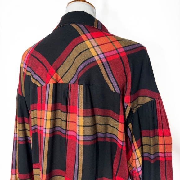 Sanctuary Colorful Plaid Red Black Puff Balloon Long Sleeve Buttondown Shirt L - Picture 9 of 11